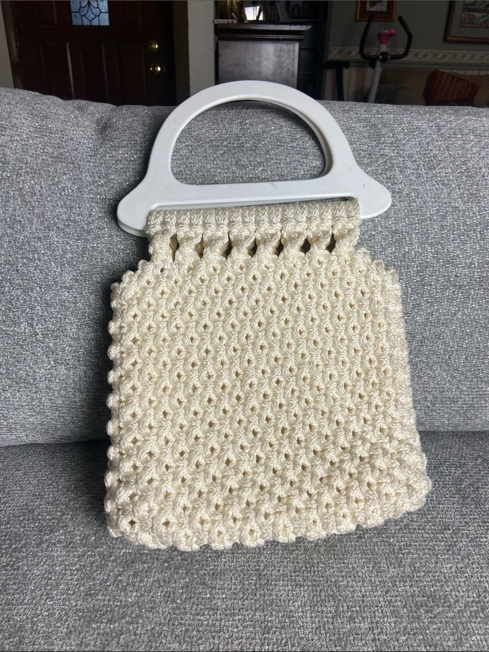 Handmade Cream Crochet Tote Bag with White Handles
